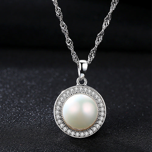 Real Pearl Pendant Freshwater Pearl and Diamond Pendant Necklace with 925 Silver Chain