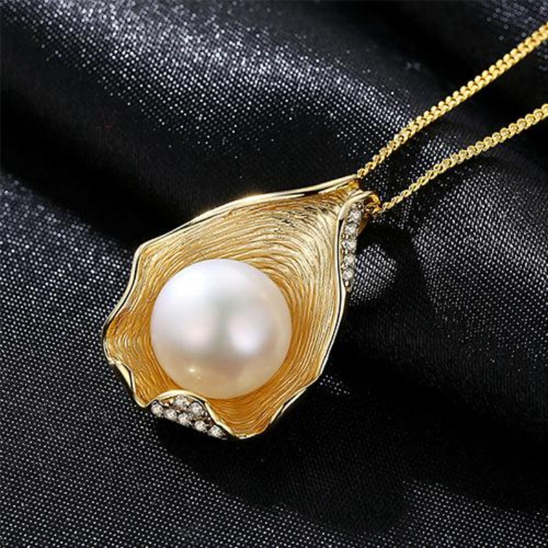 Shell Shape Cultured Freshwater Pearl Pendant Diamond Necklace 14K Gold Over Sterling Silver