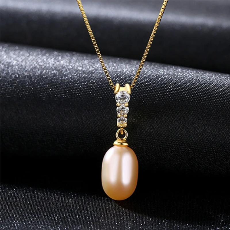 Big Freshwater Pearl and Diamond Pendant Necklace Oval Shape Pearl Pendant Necklace with Silver Chain (11.5-12mm)