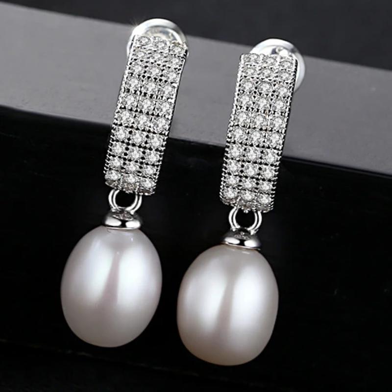 Freshwater Cultured Pearl and Diamond Drop Earrings in Sterling Silver(7mm)