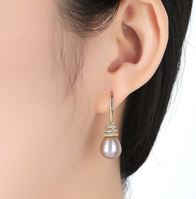 Freshwater Cultured Pearl and Diamond Drop Earrings in 14K Gold Over Sterling Silver(9-10mm)