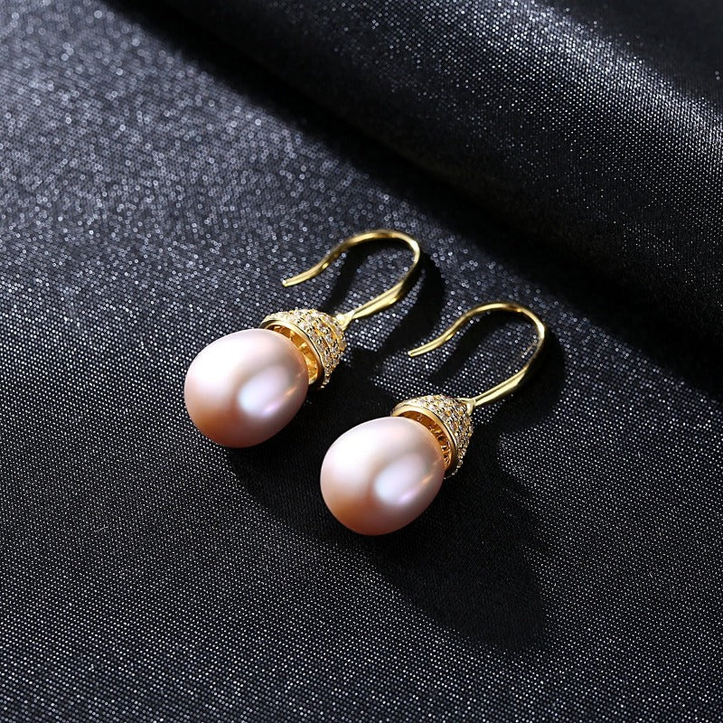 Freshwater Cultured Pearl and Diamond Drop Earrings in 14K Gold Over Sterling Silver(9-10mm)