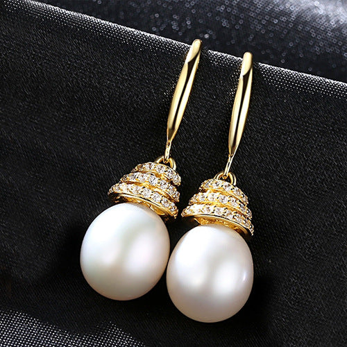 Freshwater Cultured Pearl and Diamond Drop Earrings in 14K Gold Over Sterling Silver(9-10mm)
