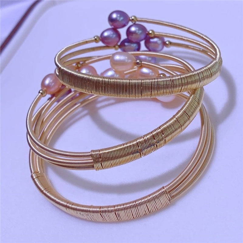 Cultured Freshwater Pearl Bangle Bracelet in 14k Gold Over Sterling Silver 7