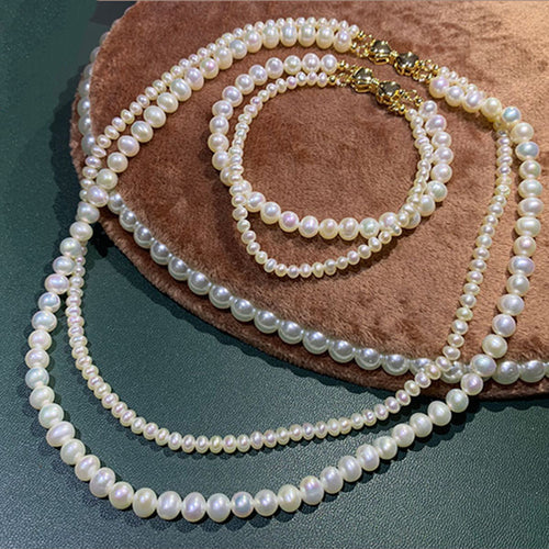 Double Strand Cultured Freshwater Pearl Necklace And Pearl Bracelet with Gold Setting Jewellery Set