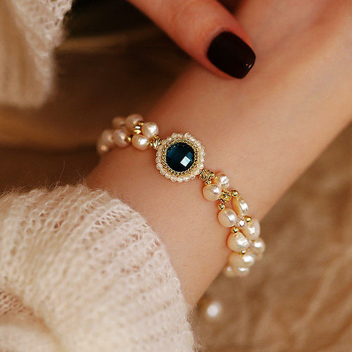 6mm Freshwater Cultured Pearl Bracelet | Real Pearl Bracelet in 14K Gold | Multi Strand Pearl Bracelets Blue Crystal Bracelet