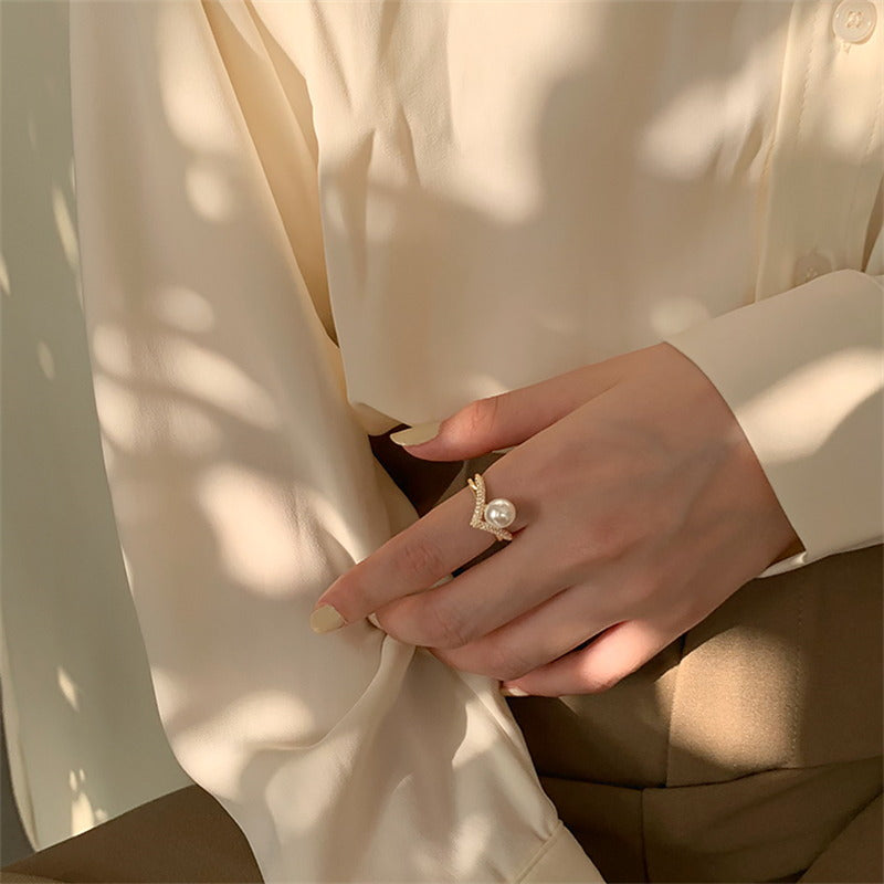 V Shaped Pearl Ring | Gold Pearl Diamond Ring | Adjustable Rings for Women