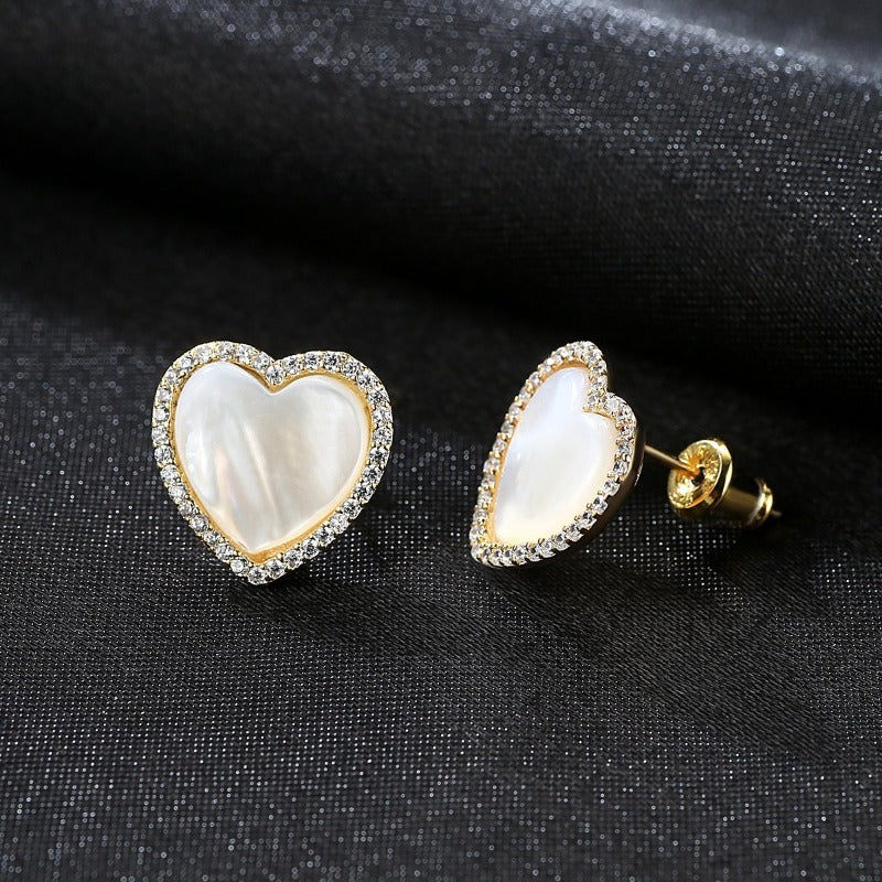 Love Shape Mother of Pearl Stud Earrings in 14K Gold and Crystal (13-14mm)