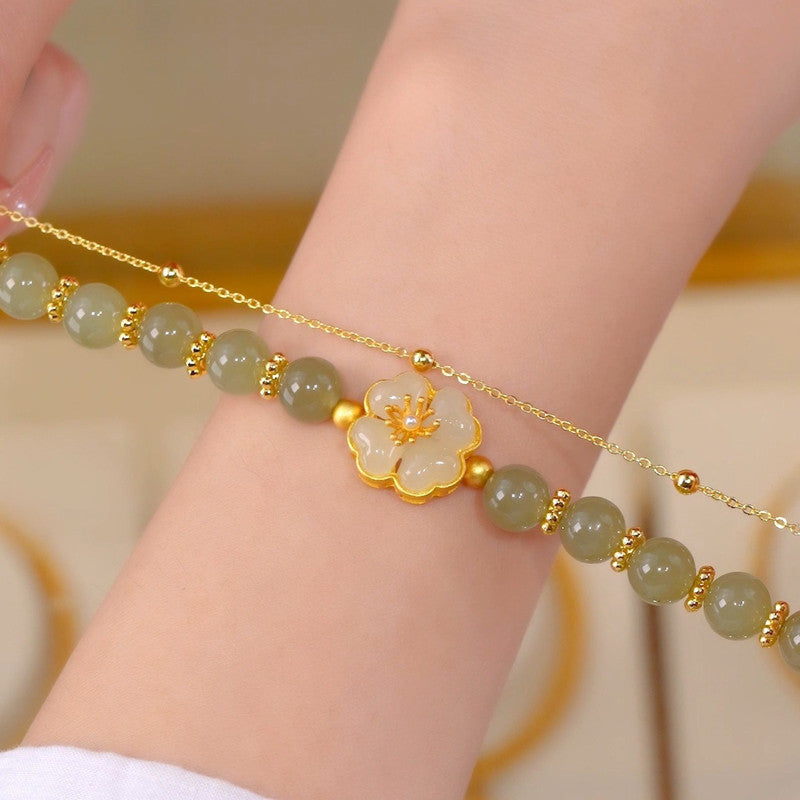 8MM Green Jade Bracelet | Double Strand Bracelets | 6.88” Camellia Clasp Bracelets