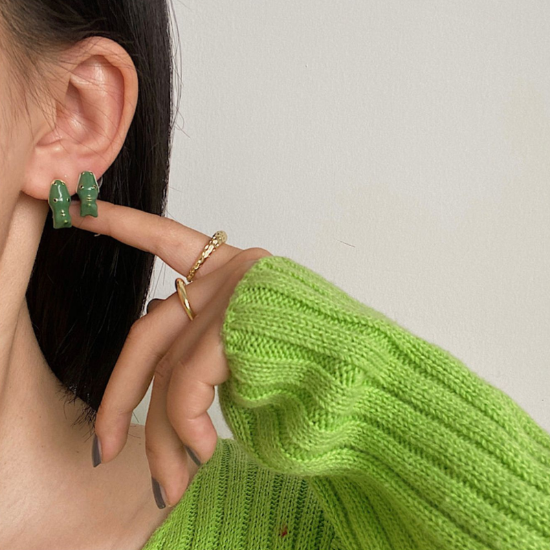 Handmade Cartoon Little Green Dinosaur Stud Earrings