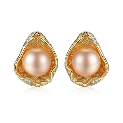 Shell shape freshwater pearl earrings | real pearl earrings | pearl stud earrings- Huge Tomato Jewelry