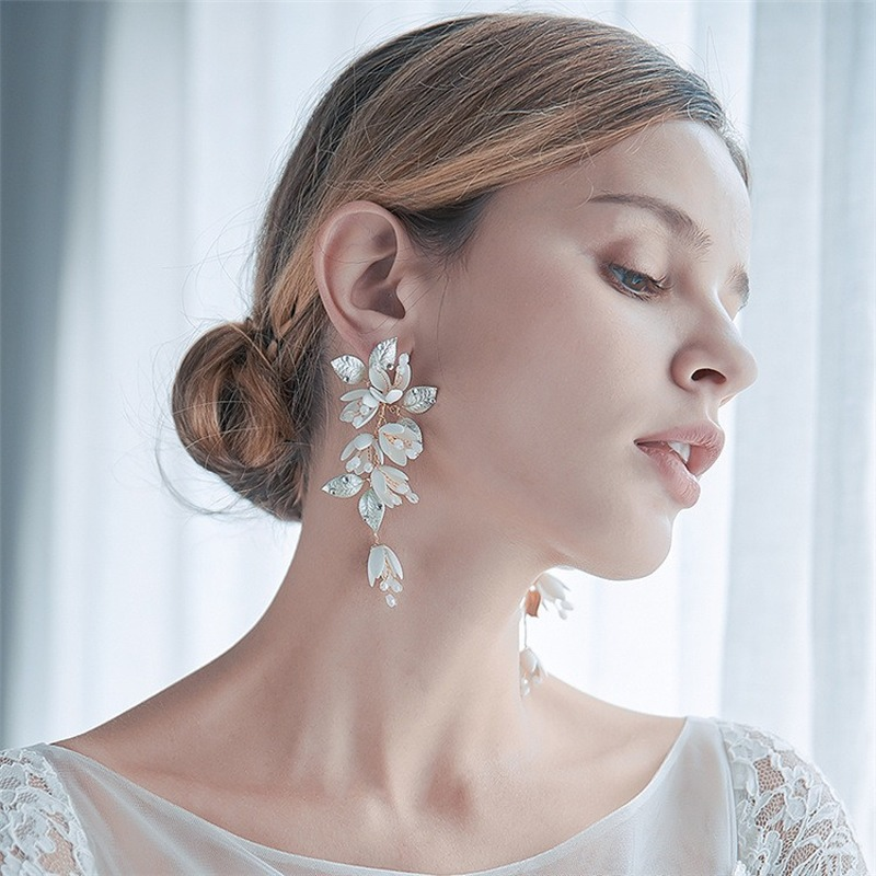 Handmade 14K Gold Plated Flowers Earrings for Wedding Long Pearl Dangling Earrings with Silver Pin