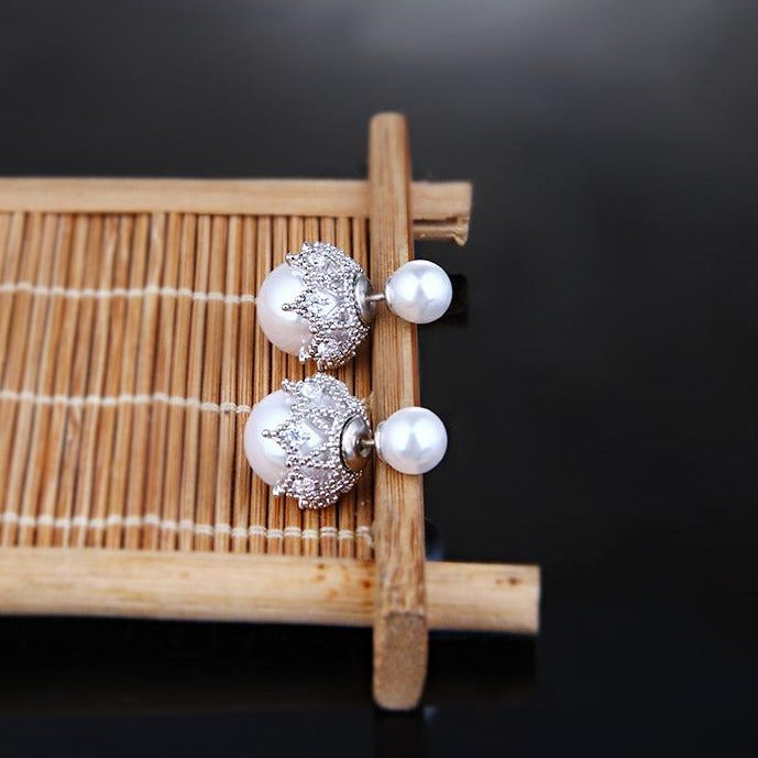 Elegant Two Round Pearl Stud Earrings for Women in Sterling Silver(8-16mm)