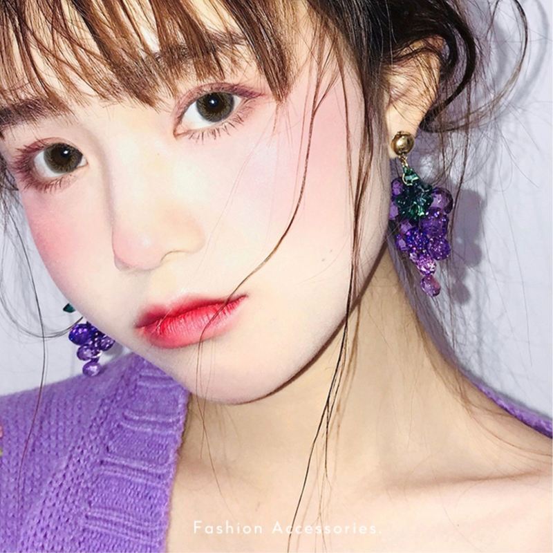 Pendientes colgantes de uva con clip de cristal morado y pasador plateado para niñas