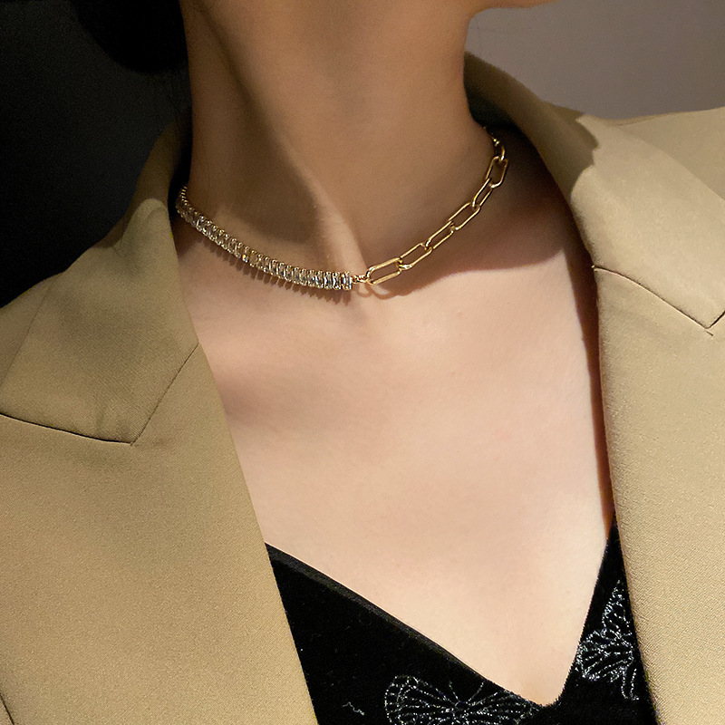 Half Crystal Half Chain Necklace | Gold Choker | Gold Chain for Women