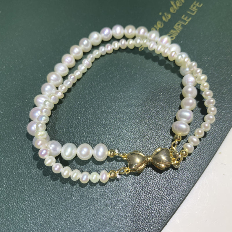 Double Strand Cultured Freshwater Pearl Necklace And Pearl Bracelet with Gold Setting Jewellery Set