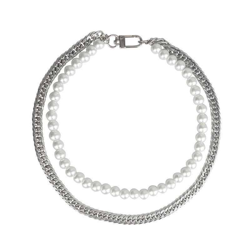 Double Layers Mens Pearl Necklace | Splicing Pearl Necklace Men Chain | Pearl Chains Mens