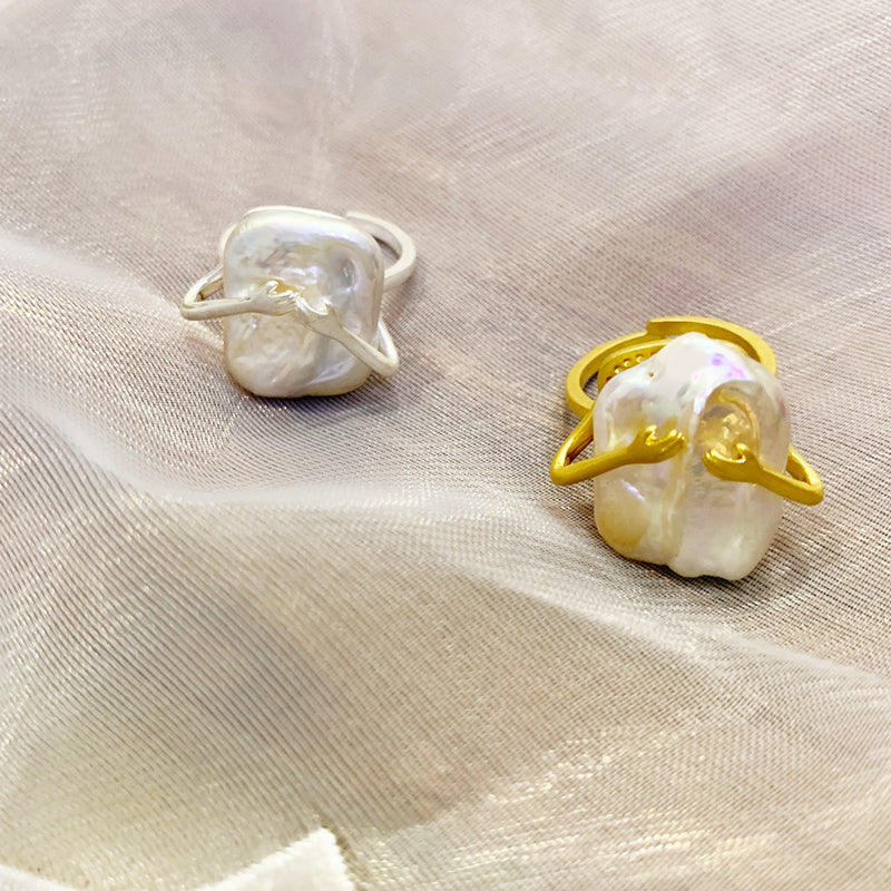 Bague ouverte en argent plaqué or avec perle baroque véritable de grande taille AAA, taille réglable