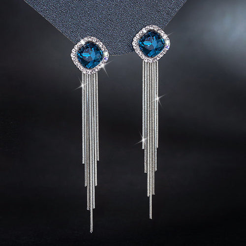 Silver Dangle Earrings | Clip On Earrings for Women | Zircon Earrings with Metal Tassel