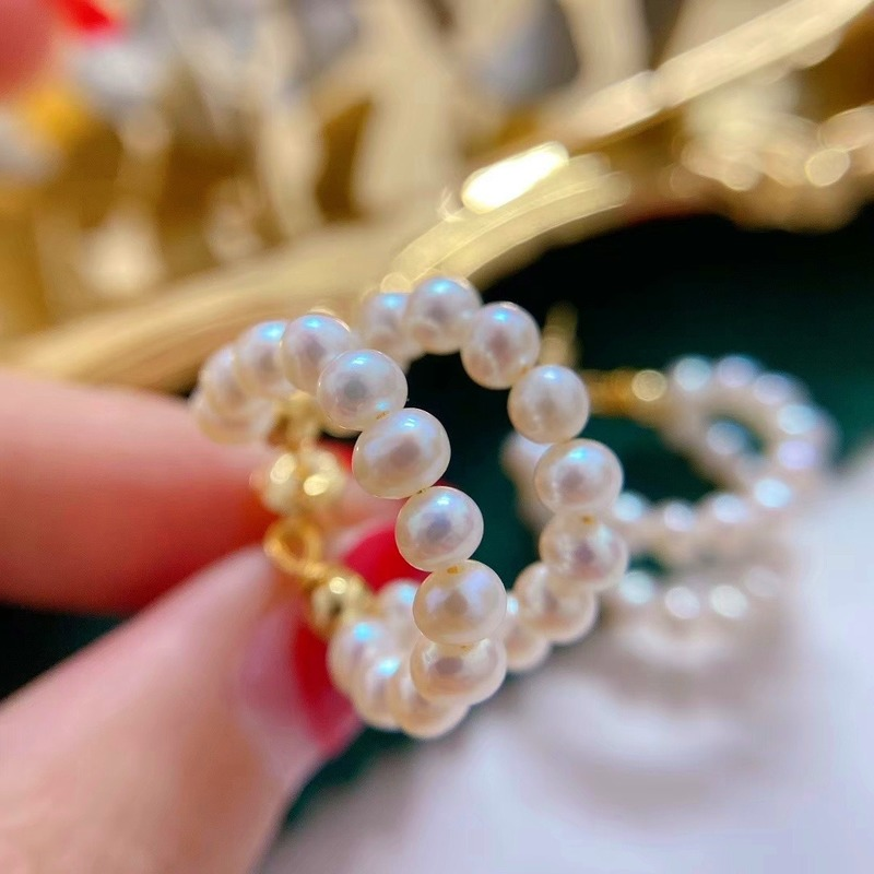 Handmade Double Hoop Pearl Earrings AAA Freshwater Cultured Pearl Hoop Earrings in 14K Gold Over Sterling Silver(4-5mm)