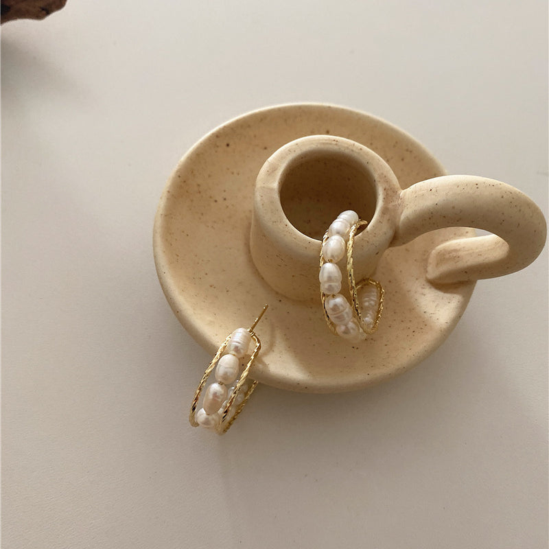 AAA Freshwater Pearl Hoop Earrings Cultured Pearl Stud Earrings in 14K Gold Over Sterling Silver