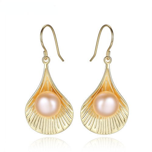 Freshwater Cultured Pearl Scallop Shape Drop Earrings in 14K Gold Over Sterling Silver
