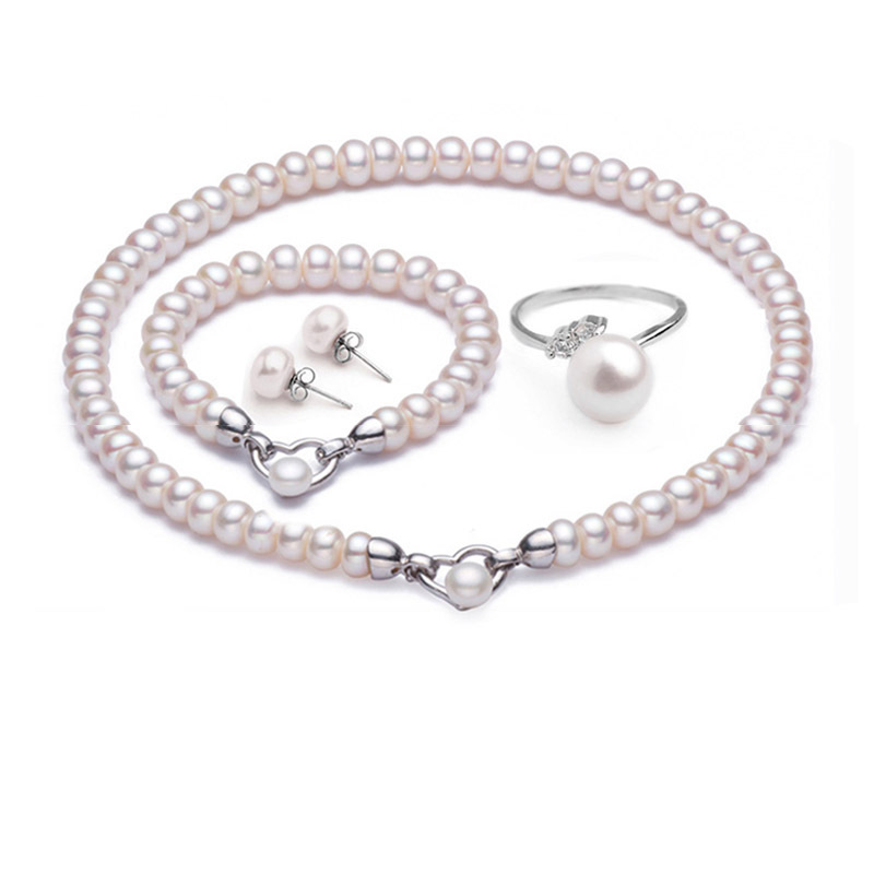 Ensemble de 4 | Collier, bracelet, boucles d'oreilles et bague en perles d'eau douce blanches délicates de 9 à 10 mm