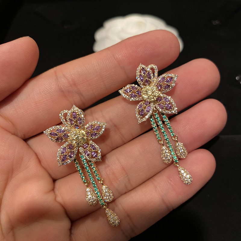 Violet Crystal Flower Earrings |  Rhinestone Earrings | Wedding Diamond Earrings with Sterling Silver Pins