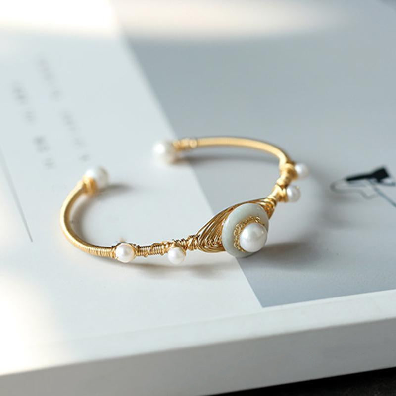 Cultured Freshwater Pearl Bangle Jade Bracelet in 14k Gold Over Sterling Silver 7