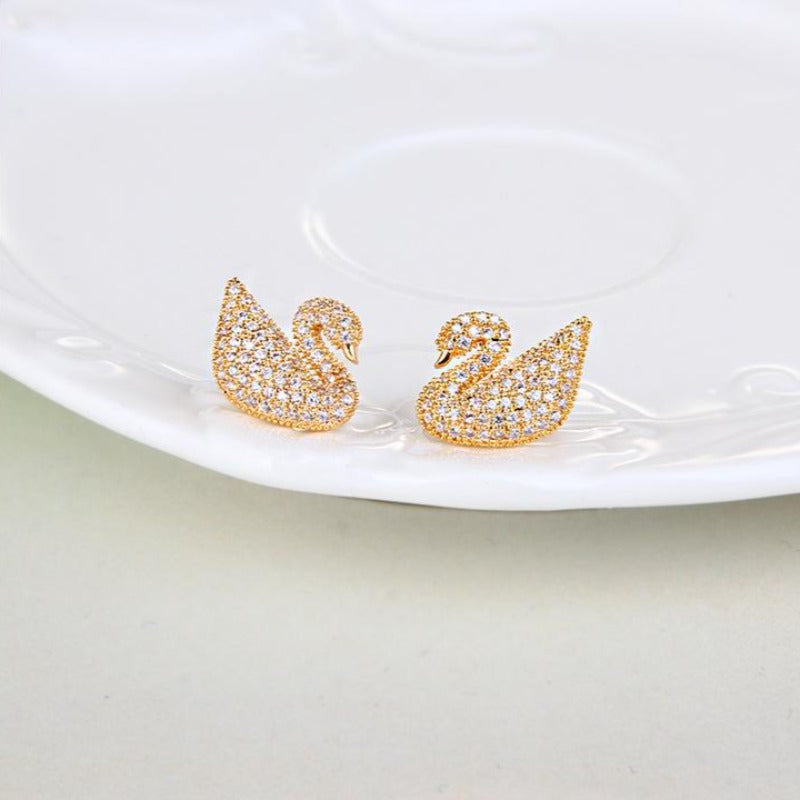 Crystal Swan Earrings Gold and Silver Swan Studs in S925 Silver Pin