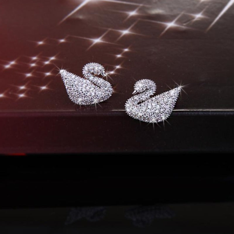 Crystal Swan Earrings Gold and Silver Swan Studs in S925 Silver Pin