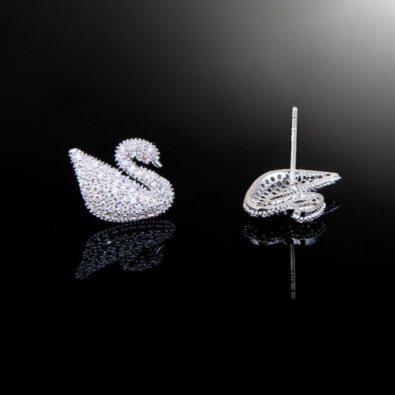 Crystal Swan Earrings Gold and Silver Swan Studs in S925 Silver Pin