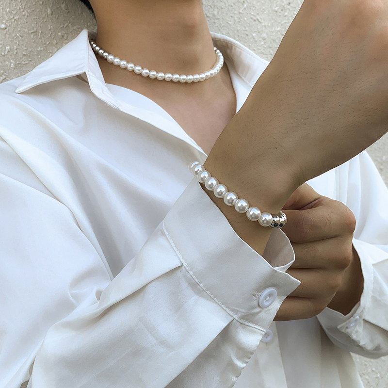 Mens Pearl Jewelry Set | Faux Mens Pearl Choker Necklace | Mens Pearl Bracelet