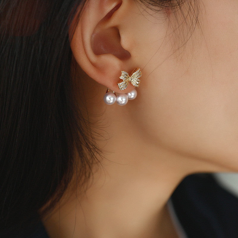 Cherry Pearl Earring Jackets | Pearl Drop Earrings | Bowknot Gold Stud Earrings with S925 pins