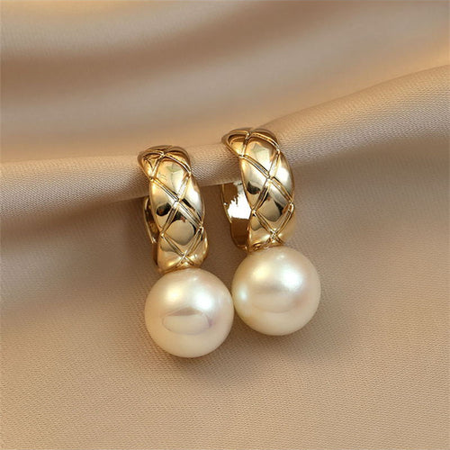 Pearl Drop Earrings | Gold Pearl Huggie Earrings with Vermeil Clasp (8-10mm)