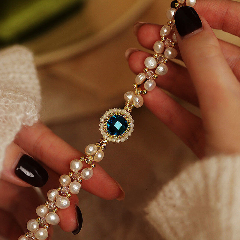 Pulsera de perlas cultivadas de agua dulce de 2 hebras | Pulsera de perlas de varias hebras con cristal azul de 6,5 a 8,2 pulgadas