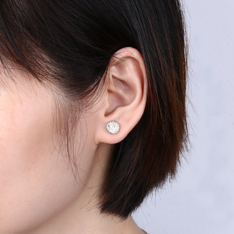 10mm Glitter Crystal Stud Earrings | Drusy Stud Earrings | Sterling Silver Stud Earrings for Men and Women (8mm)