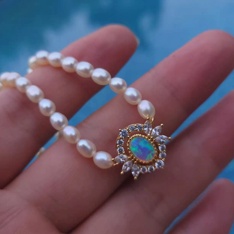 Opal And Real Pearl Choker Necklace | Freshwater Pearl Necklace | Baroque Pearl Necklace