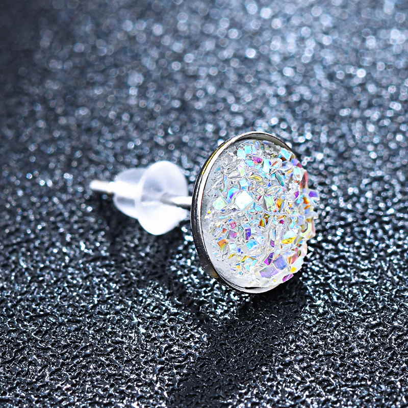 10mm Glitter Crystal Stud Earrings | Drusy Stud Earrings | Sterling Silver Stud Earrings for Men and Women (8mm)