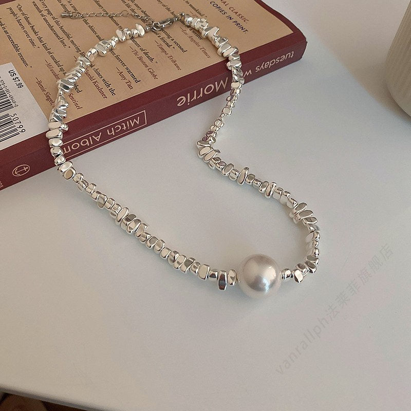 Irregular Pearl Necklace and Bracelet Set | Pearl and Chain Necklace | Silver and Pearl Bracelet