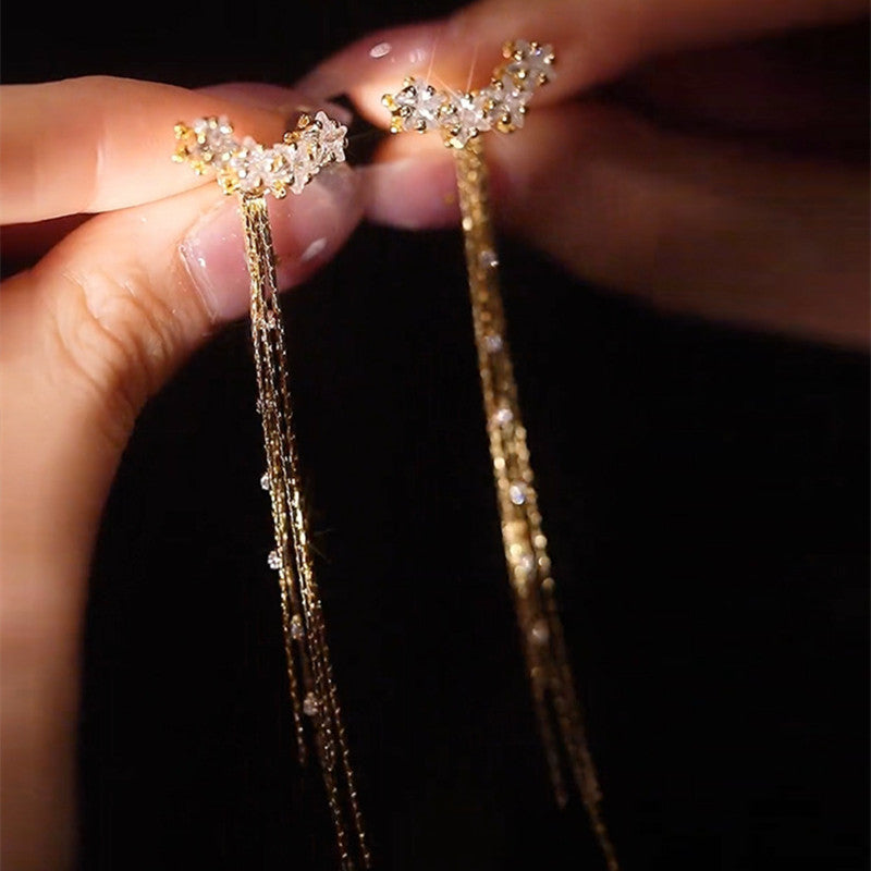 Gold Tassel Earrings | Zircon Star Earring Jackets | Tassel Earrings with Sterling Silver Pins