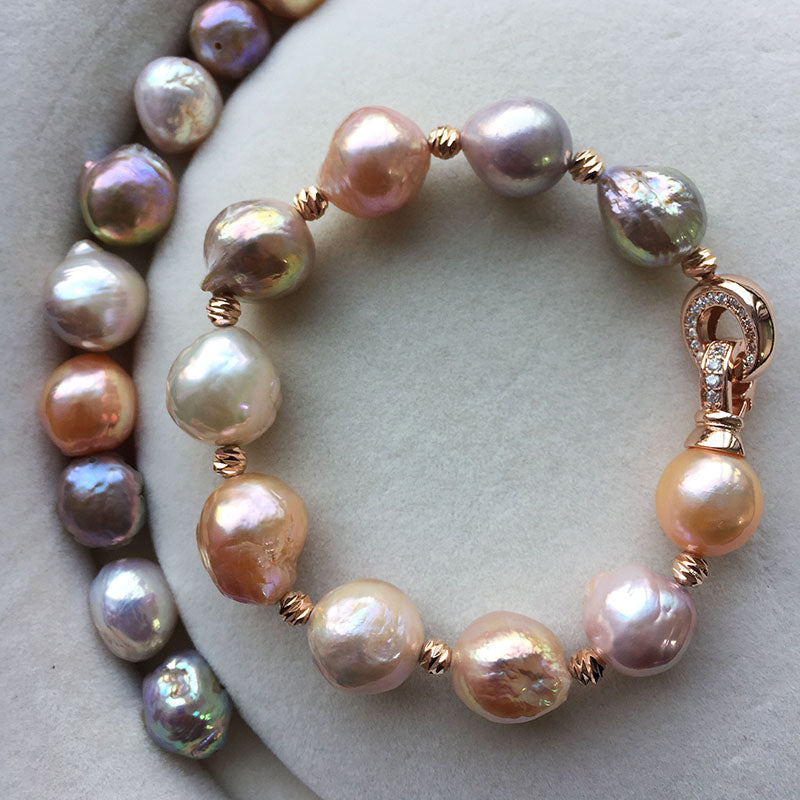 Baroque Freshwater Pearl Bracelet | 10-11mm Multicolor AAAA Real Pearl | Rose Gold Plated Clasp