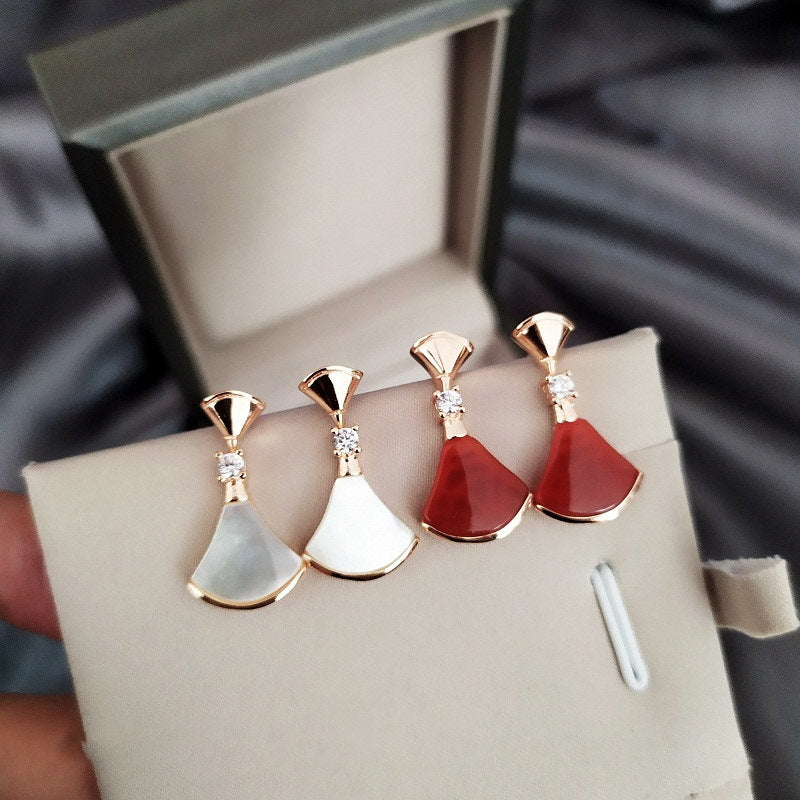 Pendientes de Nácar en forma de abanico | Pendientes colgantes de oro rosa con pasador plateado para mujer