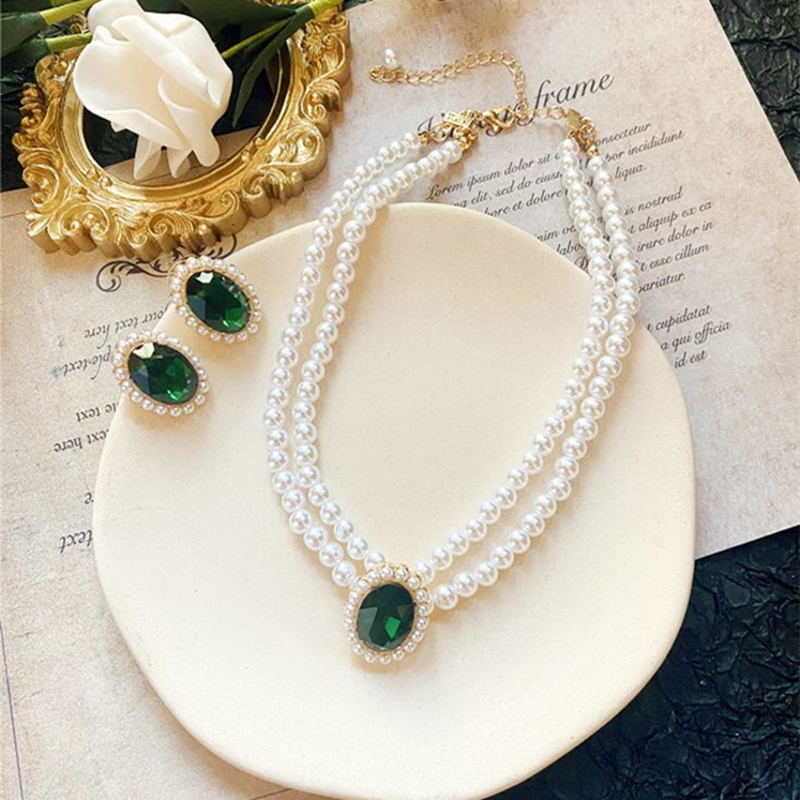 Pearl Necklace and Earring Set | Multi Strand Pearl Necklace Emerald Stud Earrings in a Jewelry Set