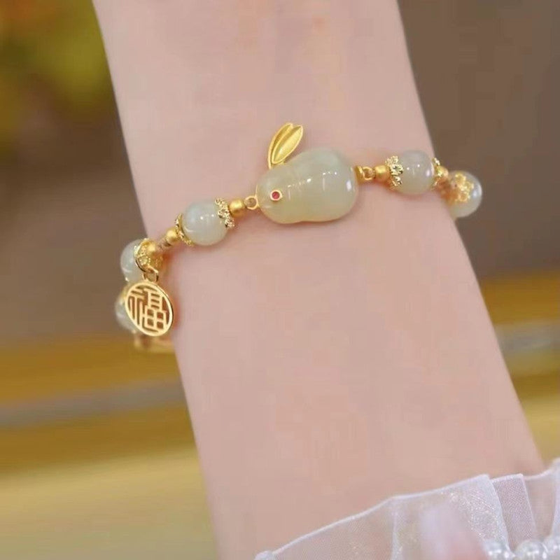 8MM Jade Rabbit Bracelet | Elestic Bracelet with 14K Plated Golden Floral Edges | Lucky Year of the Rabbit Jewelry