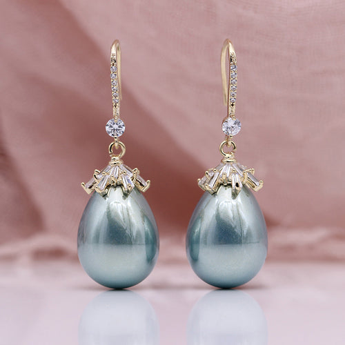 Ellipse Pearl Dangle Drop Earrings for Women in 14K Gold Over Sterling Silver（13mm）