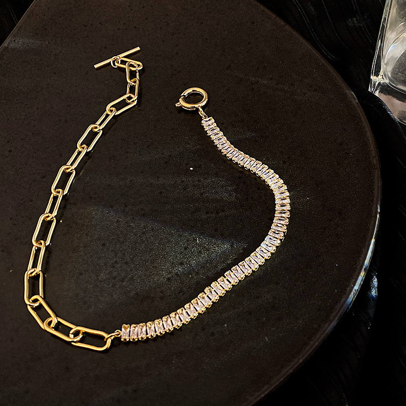 Half Crystal Half Chain Necklace | Gold Choker | Gold Chain for Women