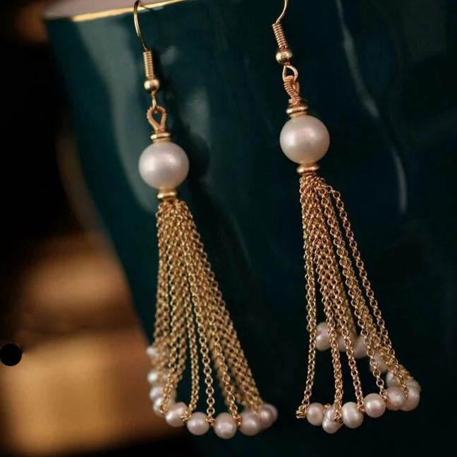 Freshwater Cultured Pearl Drop Earrings Long Pearl Dassel Earrings in 14K Gold Over Sterling Silver Clasp