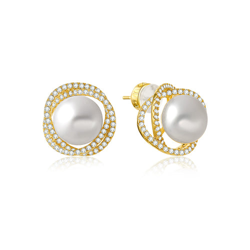 产品 Freshwater Cultured Pearl and Diamond Stud Earrings in 14K Gold Over Sterling Silver（8-9mm）