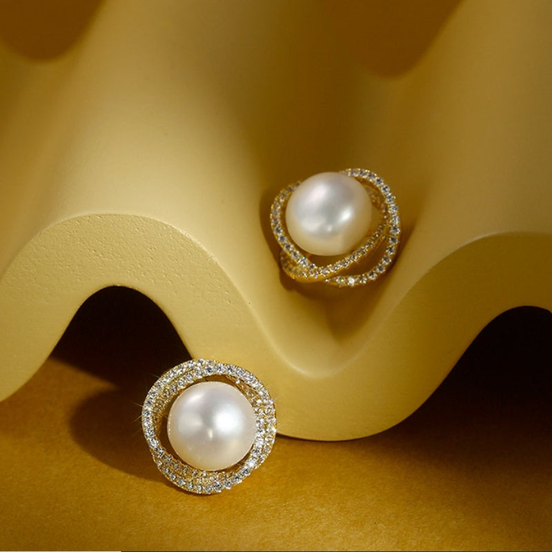 Freshwater Cultured Pearl and Diamond Stud Earrings in 14K Gold Over Sterling Silver Pin(8-9mm)